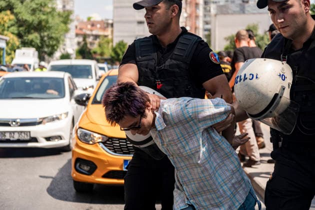 Anti NATO Demonstration Ankara Turkey July 7 Police officers detain a man during an anti-NATO protest in Ankara, Turkey, on July 7, 2026. Ankara is hosting the NATO Summit on July 7-8, bringing together heads of state and government from numerous member countries. As security measures were intensified across the capital, police dispersed the demonstration, detained numerous protesters, and restricted access for journalists. Ankara Ankara Turkey Copyright: xMuratxKocabasx