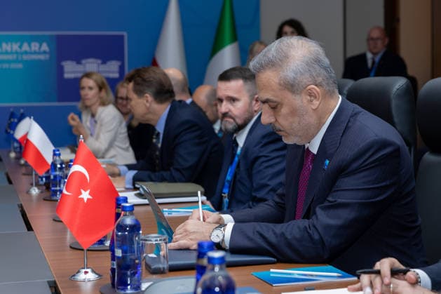 Turkish Foreign Minister Hakan Fidan ANKARA, TURKIYE - JULY 7: Turkish Foreign Minister Hakan Fidan, German Foreign Minister Johann Wadephul (L), French Foreign Minister Jean-Noel Barro, Italian Foreign Minister Antonio Tajani, British Foreign Minister Yvette Cooper, Polish Foreign Minister Radoslaw Sikorski, and Kaja Kallas, the European Union’s (EU) High Representative for Foreign Affairs and Security Policy attend a closed-door meeting on the sidelines of the 36th NATO Ankara Summit to discuss current security issues in Ankara, Turkiye on July 7, 2026. Mustafa Hatipoglu Anadolu Ankara Turkey. Editorial use only. Please get in touch for any other usage.  Copyright: x2026xAnadoluxMustafaxHatipoglux