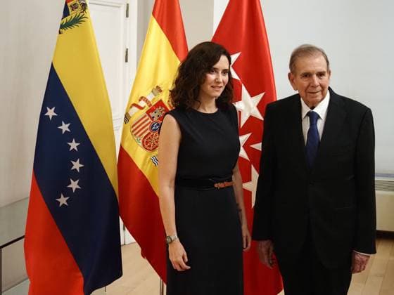 July 7, 2026, Madrid, Madrid, Spain: MADRID, SPAIN - JULY 07: The President-elect of Venezuela Edmundo Gonzalez is received by the President of the Community of Madrid Isabel Diaz Ayuso at the Real Casa de Correos, the headquarters of the regional government. Following their meeting, they were greeted by first responders and rescue workers who participated in the recent Venezuela earthquake relief operations, surrounded by members of the Venezuelan diaspora resident in Madrid. Madrid Spain  - ZUMAh199 20260707_zip_h199_011 Copyright: xAaronxHerediax