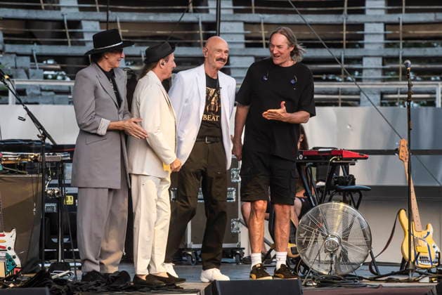 Croatia, Zagreb, 070726. Concert of the supergroup BEAT at the Salata stadium in Zagreb. The BEAT project brings together legendary musicians who perform King Crimson albums from the 80s. The line-up consists of former King Crimson members Adrian Belew and Tony Levin, joined by guitarist Steve Vai and drummer Danny Carey. In the photo: Steve Vai, Adrian Belew, Tony Levin and Danny Carey. Photo: Darko Tomas CROPIX Copyright: xxDarkoxTomasx beat29-070726