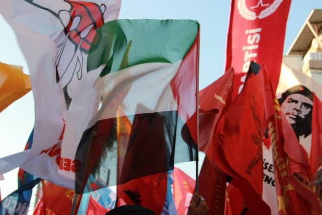 IZMIR, Türkiye July 7, 2026: Demonstrators march toward NATO s Allied Land Command (LANDCOM) headquarters in the Buca district of Ä°zmir during an anti-NATO protest organized by the NATO ya HayÄ±r Koordinasyonu (No to NATO Coordination), a coalition of left-wing political parties, trade unions and civil society organizations, ahead of the NATO Summit in Ankara, July 7, 2026. Police closed Mehmet Akif Avenue to traffic and deployed extensive security measures as protesters carried placards reading Trump, Netanyahu, you are not welcome and Yankee Go Home before delivering a public statement criticizing NATO and Turkish government policies outside the headquarters. Ä°zmir Türkiye Copyright: x xNagihanxÃ‡akÄ±rx xJNAxPressx
