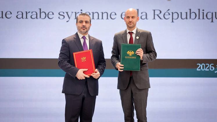 France s Foreign Affairs Minister Jean-Noel Barrot and Syria s Foreign Minister Asaad al-Shaibani pose after signing a Framework Agreement on Bilateral Cooperation an agreement signing ceremony in Damascus in Syria, on Tuesday, July 7, 2026. Security sources reported that more than 15 people were injured in an explosion at a café in central Damascus, as French leader Emmanuel Macron made the first post-conflict visit to Damascus by a Western European leader.  SYR2026070710 SyrianxMinistryxofxForeignxAffai