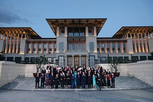 Heads of stade and government posing during a reception during the 36th NATO Heads of State and Government Summit at the Presidential Complex in Ankara, on Tuesday on July 7, 2026.  TUR2026070734 TurkishxPresidencyxOffice