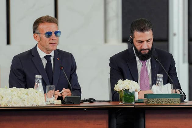 French President Emmanuel Macron visits Syria French President Emmanuel Macron (L) meets Syrian President Ahmad al-Sharaa (R) at the Presidential Palace in Damascus, Syria, 07 July 2026. The French president is the first head of state from a European Union country to visit Syria since the fall of the Assad regime. Damascus Damascus Syria Copyright: xOmarxAlbamx