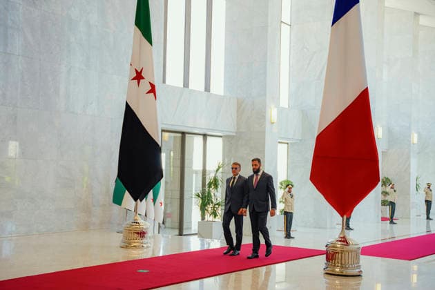 French President Emmanuel Macron visits Syria French President Emmanuel Macron (L) meets Syrian President Ahmad al-Sharaa (R) at the Presidential Palace in Damascus, Syria, 07 July 2026. The French president is the first head of state from a European Union country to visit Syria since the fall of the Assad regime. Damascus Damascus Syria Copyright: xOmarxAlbamx
