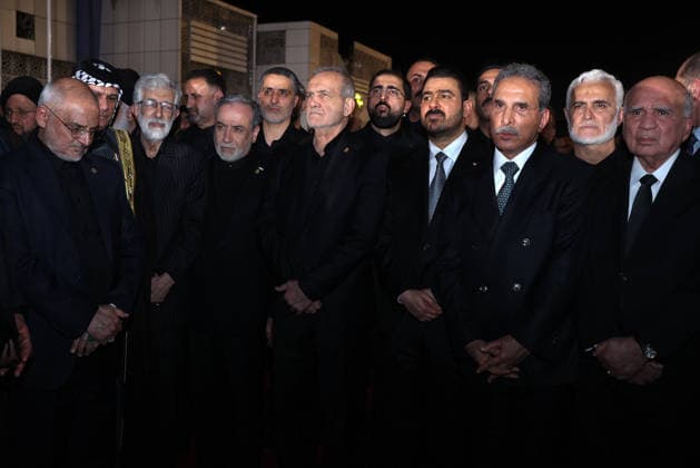 Body of slain Iranian supreme leader arrives in Iraq ahead of funeral procession NAJAF, IRAQ - JULY 8: (----EDITORIAL USE ONLY – MANDATORY CREDIT - IRANIAN PRESIDENCY HANDOUT - NO MARKETING NO ADVERTISING CAMPAIGNS - DISTRIBUTED AS A SERVICE TO CLIENTS----) Iranian President Masoud Pezeshkian (C), Iranian Foreign Minister Abbas Araghchi (3rd L), Iraqi Prime Minister Ali al-Zaidi (3rd R), President of the Supreme Judicial Council of Iraq Faiq Zidan (2nd R) and Iraqi Foreign Minister Fuad Hussein (R) welcome the arrival of the late Iranian Supreme Leader Ayatollah Ali Khamenei s body at Najaf International Airport in Najaf, Iraq, on July 8, 2026. Khamenei was killed in US-Israeli strikes on Iran that began on Feb. 28, triggering weeks of  Copyright: x2026xAnadoluxIranianxPresidencyx xHandoutx