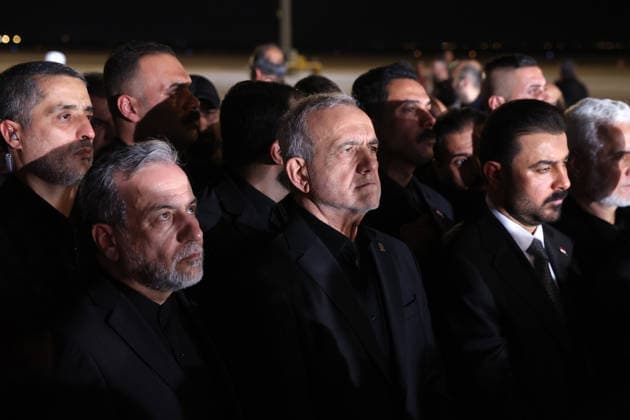 Body of slain Iranian supreme leader arrives in Iraq ahead of funeral procession NAJAF, IRAQ - JULY 8: (----EDITORIAL USE ONLY – MANDATORY CREDIT - IRANIAN PRESIDENCY HANDOUT - NO MARKETING NO ADVERTISING CAMPAIGNS - DISTRIBUTED AS A SERVICE TO CLIENTS----) Iranian President Masoud Pezeshkian (C), Iranian Foreign Minister Abbas Araghchi, Iraqi Prime Minister Ali al-Zaidi, President of the Supreme Judicial Council of Iraq Faiq Zidan and Iraqi Foreign Minister Fuad Hussein welcome the arrival of the late Iranian Supreme Leader Ayatollah Ali Khamenei s body at Najaf International Airport in Najaf, Iraq, on July 8, 2026. Khamenei was killed in US-Israeli strikes on Iran that began on Feb. 28, triggering weeks of retaliatory attacks from Teh  Copyright: x2026xAnadoluxIranianxPresidencyx xHandoutx