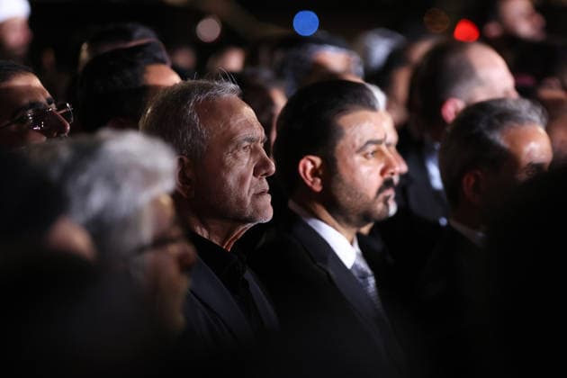 Body of slain Iranian supreme leader arrives in Iraq ahead of funeral procession NAJAF, IRAQ - JULY 8: (----EDITORIAL USE ONLY – MANDATORY CREDIT - IRANIAN PRESIDENCY HANDOUT - NO MARKETING NO ADVERTISING CAMPAIGNS - DISTRIBUTED AS A SERVICE TO CLIENTS----) Iranian President Masoud Pezeshkian, Iranian Foreign Minister Abbas Araghchi, Iraqi Prime Minister Ali al-Zaidi, President of the Supreme Judicial Council of Iraq Faiq Zidan and Iraqi Foreign Minister Fuad Hussein welcome the arrival of the late Iranian Supreme Leader Ayatollah Ali Khamenei s body at Najaf International Airport in Najaf, Iraq, on July 8, 2026. Khamenei was killed in US-Israeli strikes on Iran that began on Feb. 28, triggering weeks of retaliatory attacks from Tehran  Copyright: x2026xAnadoluxIranianxPresidencyx xHandoutx