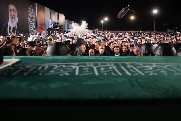 Body of slain Iranian supreme leader arrives in Iraq ahead of funeral procession NAJAF, IRAQ - JULY 8: (----EDITORIAL USE ONLY – MANDATORY CREDIT - IRANIAN PRESIDENCY HANDOUT - NO MARKETING NO ADVERTISING CAMPAIGNS - DISTRIBUTED AS A SERVICE TO CLIENTS----) People carry the coffin of Iran s late Supreme Leader Ayatollah Ali Khamenei after landing at Najaf International Airport ahead of the scheduled funeral processions, in Najaf, Iraq, on July 8, 2026. Khamenei was killed in US-Israeli strikes on Iran that began on Feb. 28, triggering weeks of retaliatory attacks from Tehran targeting Israel and Gulf countries hosting US assets. Iranian Presidency Handout Anadolu Najaf Iraq. Editorial use only. Please get in touch for any other usag  Copyright: x2026xAnadoluxIranianxPresidencyx xHandoutx