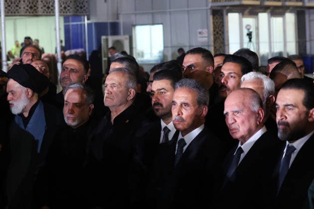 Body of slain Iranian supreme leader arrives in Iraq ahead of funeral procession NAJAF, IRAQ - JULY 8: (----EDITORIAL USE ONLY – MANDATORY CREDIT - IRANIAN PRESIDENCY HANDOUT - NO MARKETING NO ADVERTISING CAMPAIGNS - DISTRIBUTED AS A SERVICE TO CLIENTS----) Iranian President Masoud Pezeshkian (3rd L), Iranian Foreign Minister Abbas Araghchi (2nd L), Iraqi Prime Minister Ali al-Zaidi (4th R), President of the Supreme Judicial Council of Iraq Faiq Zidan (4th R), Iraqi Foreign Minister Fuad Hussein (2nd R) and Leader of the Iraqi Progress (Takaddum) Party Mohamed al-Halbousi (R) welcome the arrival of the late Iranian Supreme Leader Ayatollah Ali Khamenei s body at Najaf International Airport in Najaf, Iraq, on July 8, 2026. Khamenei was k  Copyright: x2026xAnadoluxIranianxPresidencyx xHandoutx