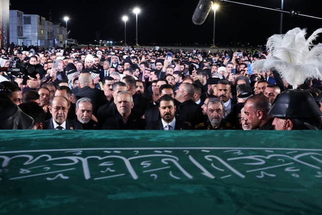 Body of slain Iranian supreme leader arrives in Iraq ahead of funeral procession NAJAF, IRAQ - JULY 8: (----EDITORIAL USE ONLY – MANDATORY CREDIT - IRANIAN PRESIDENCY HANDOUT - NO MARKETING NO ADVERTISING CAMPAIGNS - DISTRIBUTED AS A SERVICE TO CLIENTS----) Iranian President Masoud Pezeshkian (C), Iranian Foreign Minister Abbas Araghchi, Iraqi Prime Minister Ali al-Zaidi, President of the Supreme Judicial Council of Iraq Faiq Zidan and Iraqi Foreign Minister Fuad Hussein welcome the arrival of the late Iranian Supreme Leader Ayatollah Ali Khamenei s body at Najaf International Airport in Najaf, Iraq, on July 8, 2026. Khamenei was killed in US-Israeli strikes on Iran that began on Feb. 28, triggering weeks of retaliatory attacks from Teh  Copyright: x2026xAnadoluxIranianxPresidencyx xHandoutx