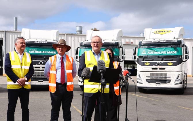 VOLVO HEAVY-DUTY TRUCKS, Prime Minister Anthony Albanese at Volvo™s Australia National Headquarters in Wacol, Brisbane, Wednesday, July 8, 2026. Volvo Australia will show off the first heavy-duty electric trucks built in Brisbane. ( NO ARCHIVING Brisbane QUEENSLAND AUSTRALIA  Copyright: xx 20260708120413978705