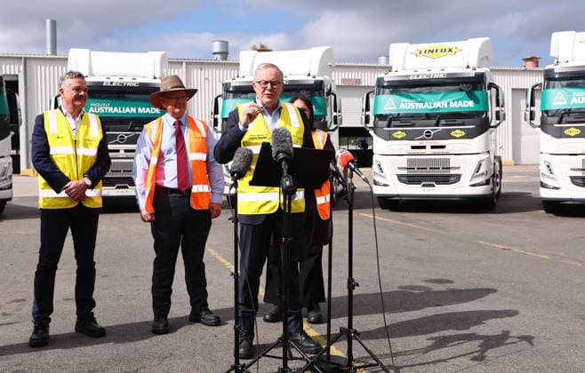 VOLVO HEAVY-DUTY TRUCKS, Prime Minister Anthony Albanese at Volvo™s Australia National Headquarters in Wacol, Brisbane, Wednesday, July 8, 2026. Volvo Australia will show off the first heavy-duty electric trucks built in Brisbane. ( NO ARCHIVING Brisbane QUEENSLAND AUSTRALIA  Copyright: xx 20260708121637605008