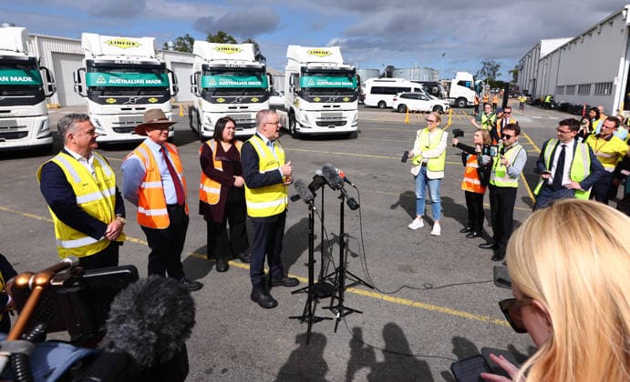 VOLVO HEAVY-DUTY TRUCKS, Prime Minister Anthony Albanese at Volvo™s Australia National Headquarters in Wacol, Brisbane, Wednesday, July 8, 2026. Volvo Australia will show off the first heavy-duty electric trucks built in Brisbane. ( NO ARCHIVING Brisbane QUEENSLAND AUSTRALIA  Copyright: xx 20260708190500684130