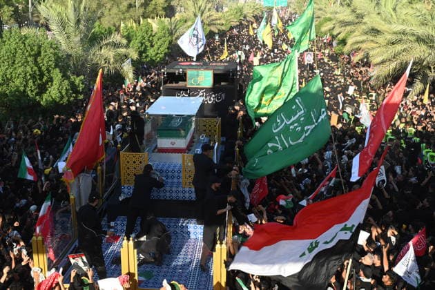 Massive Crowds gather in Najaf for Farewell Ceremony of slain Iranian supreme leader NAJAF, IRAQ - JULY 8: A massive crowd of mourners carrying various flags and posters fills the streets during a farewell ceremony for slain Iranian supreme leader Ali Khamenei, in Najaf, Iraq, on July 8, 2026. Khamenei lost his life following joint US-Israeli attacks. Starting from the early hours of the morning, thousands of people flooded the squares and avenues to take part in the funeral procession and pay their final respects. Haidar Mohammed Ali Anadolu Najaf Iraq. Editorial use only. Please get in touch for any other usage.  Copyright: x2026xAnadoluxHaidarxMohammedxAlix