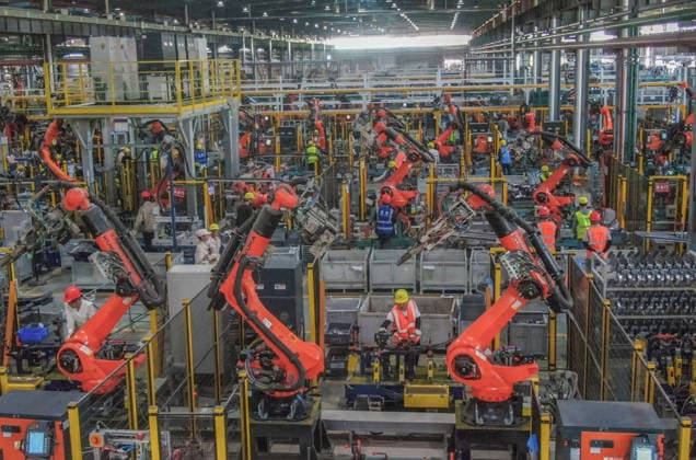 JINHUA, CHINA - JULY 07: Industrial robots process new energy vehicle parts at the intelligent production workshop of Zhejiang Zhixin Technology Co., Ltd. on July 7, 2026 in Jinhua, Zhejiang Province of China. The workshop is dedicated to the production of components for new energy vehicles.  Copyright: xVCGx 111652845292