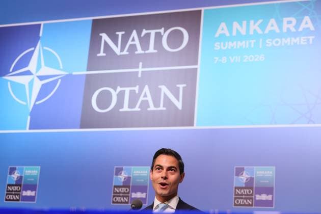 NATO Secretary General Mark Rutte pictured during a press conference after the Defence Industry Forum during the head of states summit of the NATO (North Atlantic Treaty Organization) military alliance, Tuesday 07 July 2026, in Ankara, Turkey.  BENOITxDOPPAGNE 180697859