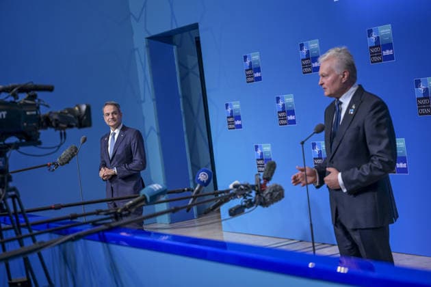 36th NATO Summit in Ankara ANKARA, TURKIYE - JULY 08: Greek Prime Minister Kyriakos Mitsotakis (L) and Lithuanian President Gitanas Nauseda (R) make a statement to the press ahead of the main session of the North Atlantic Council Meeting during the second day of the 36th NATO Heads of State and Government Summit in Ankara, Turkiye on July 08, 2026. Ozge Elif Kizil Anadolu Ankara Turkey. Editorial use only. Please get in touch for any other usage.  Copyright: x2026xAnadoluxOzgexElifxKizilx