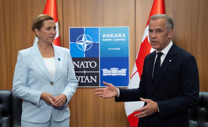 July 8, 2026, Ankara, Turkey: Prime Minister Mark Carney delivers opening remarks at the start of a meeting with Danish Prime Minister Mette Frederiksen at the NATO Summit in Ankara, Turkey, Wednesday, July 8, 2026. Ankara Turkey  - ZUMAc35_ 20260708_zaf_c35_009 Copyright: xAdrianxWyldx