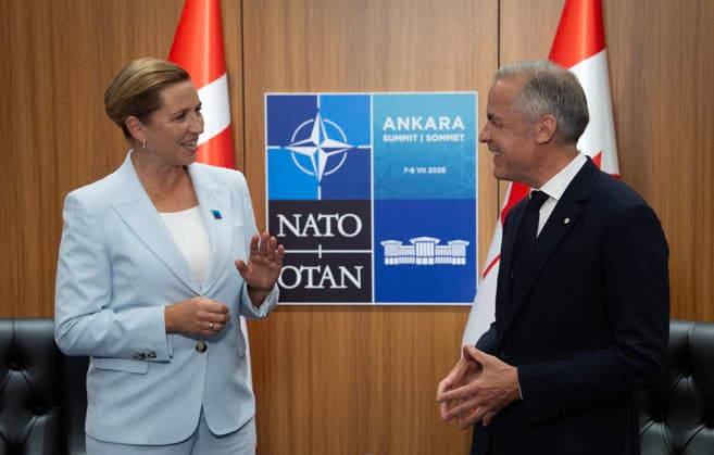 July 8, 2026, Ankara, Turkey: Danish Prime Minister Mette Frederiksen speaks with Prime Minister Mark Carney at the start of a meeting at the NATO Summit in Ankara, Turkey, Wednesday, July 8, 2026. Ankara Turkey  - ZUMAc35_ 20260708_zaf_c35_010 Copyright: xAdrianxWyldx