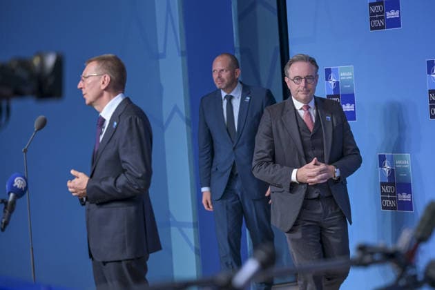 36th NATO Summit in Ankara ANKARA, TURKIYE - JULY 08: President of Latvia, Edgars Rinkevics (L) makes a statement to the press ahead of the main session of the North Atlantic Council Meeting during the second day of the 36th NATO Heads of State and Government Summit in Ankara, Turkiye on July 08, 2026. Ozge Elif Kizil Anadolu Ankara Turkey. Editorial use only. Please get in touch for any other usage.  Copyright: x2026xAnadoluxOzgexElifxKizilx