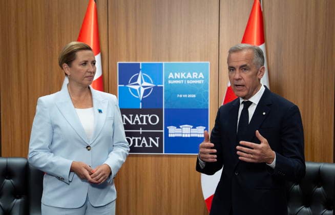 July 8, 2026, Ankara, Turkey: Prime Minister Mark Carney delivers opening remarks at the start of a meeting with Danish Prime Minister Mette Frederiksen at the NATO Summit in Ankara, Turkey, Wednesday, July 8, 2026. Ankara Turkey  - ZUMAc35_ 20260708_zaf_c35_013 Copyright: xAdrianxWyldx