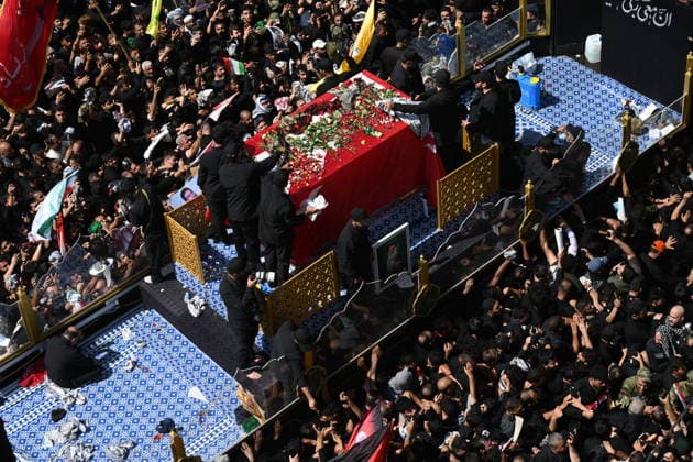Thousands gather in Iraq for funeral procession of slain Iranian leader Khamenei NAJAF, IRAQ - JULY 8: A massive crowd of mourners carrying flags and posters fills the streets as the coffins of Iranian supreme leader Ali Khamenei and his family members are carried among the public inside a specially designed truck resembling the Imam Reza Shrine during a farewell ceremony in Najaf, Iraq, on July 8, 2026. Khamenei lost his life following joint US-Israeli attacks, drawing thousands to the squares and avenues since the early hours of the morning. Haidar Mohammed Ali Anadolu Najaf Iraq. Editorial use only. Please get in touch for any other usage.  Copyright: x2026xAnadoluxHaidarxMohammedxAlix