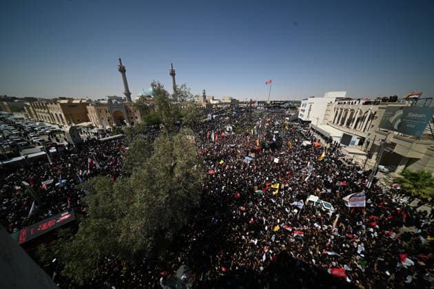 Thousands gather in Iraq for funeral procession of slain Iranian leader Khamenei NAJAF, IRAQ - JULY 8: A massive crowd of mourners carrying flags and posters fills the streets as the coffins of Iranian supreme leader Ali Khamenei and his family members are carried among the public inside a specially designed truck resembling the Imam Reza Shrine during a farewell ceremony in Najaf, Iraq, on July 8, 2026. Khamenei lost his life following joint US-Israeli attacks, drawing thousands to the squares and avenues since the early hours of the morning. Haidar Mohammed Ali Anadolu Najaf Iraq. Editorial use only. Please get in touch for any other usage.  Copyright: x2026xAnadoluxHaidarxMohammedxAlix