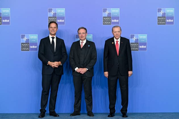 36th NATO Summit in Ankara ANKARA, TURKIYE - JULY 8: Turkish President Recep Tayyip Erdogan and NATO Secretary General Mark Rutte welcome Prime Minister of Belgium Bart De Wever ahead of the North Atlantic Council meeting held as part of the 36th NATO Heads of State and Government Summit at the Presidential Complex in Ankara, Turkiye, on July 8, 2026. Binnur Ege Gurun Kocak Anadolu Ankara Turkey. Editorial use only. Please get in touch for any other usage.  Copyright: x2026xAnadoluxBinnurxEgexGurunxKocakx
