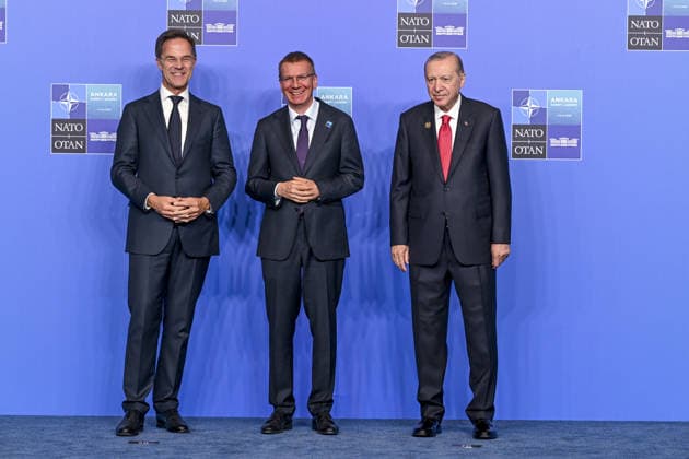 36th NATO Summit in Ankara ANKARA, TURKIYE - JULY 8: Turkish President Recep Tayyip Erdogan (R) and NATO Secretary General Mark Rutte (L) welcome Latvian President Edgars Rinkevics ahead of the North Atlantic Council meeting, held as part of the 36th NATO Summit of Heads of State and Government in Ankara, Turkiye, on July 8, 2026. Binnur Ege Gurun Kocak Anadolu Ankara Turkey. Editorial use only. Please get in touch for any other usage.  Copyright: x2026xAnadoluxBinnurxEgexGurunxKocakx
