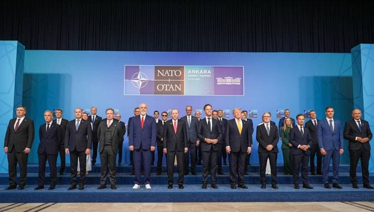 36th NATO Summit in Ankara ANKARA, TURKIYE - JULY 8: Turkish President Recep Tayyip Erdogan, NATO Secretary General Mark Rutte, U.S. President Donald Trump, French President Emmanuel Macron, Czech President Petr Pavel, Latvian President Edgars Rinkevics, Finnish President Alexander Stubb, Romanian President Nicusor Dan, Slovak President Peter Pellegrini, Polish President Karol Nawrocki, Croatian President Zoran Milanovic, Lithuanian President Gitanas Nauseda, Dutch Prime Minister Rob Jetten, German Chancellor Friedrich Merz, British Prime Minister Keir Starmer, Spanish Prime Minister Pedro Sanchez, Danish Prime Minister Mette Frederiksen, Greek Prime Minister Kyriakos Mitsotakis, Portuguese Prime Minister Luis Montenegro, Luxembourg Prime M  Copyright: x2026xAnadoluxAhmetxSerdarxEserx
