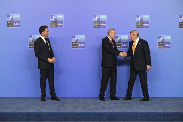 36th NATO Summit in Ankara ANKARA, TURKIYE - JULY 8: Turkish President Recep Tayyip Erdogan (C) and NATO Secretary General Mark Rutte (L) welcome US President Donald Trump (R) ahead of the North Atlantic Council meeting, held as part of the 36th NATO Summit of Heads of State and Government in Ankara, Turkiye, on July 8, 2026. ( Binnur Ege Gürün Koçak - Anadolu Agency ) Ankara Türkiye. Editorial use only. Please get in touch for any other usage.  Copyright: xAnadoluxAgencyxx