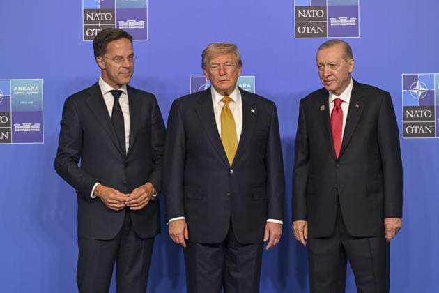36th NATO Summit in Ankara ANKARA, TURKIYE - JULY 8: Turkish President Recep Tayyip Erdogan (R) and NATO Secretary General Mark Rutte (L) welcome US President Donald Trump ahead of the North Atlantic Council meeting, held as part of the 36th NATO Summit of Heads of State and Government in Ankara, Turkiye, on July 8, 2026. Binnur Ege Gurun Kocak Anadolu Ankara Turkey. Editorial use only. Please get in touch for any other usage.  Copyright: x2026xAnadoluxBinnurxEgexGurunxKocakx