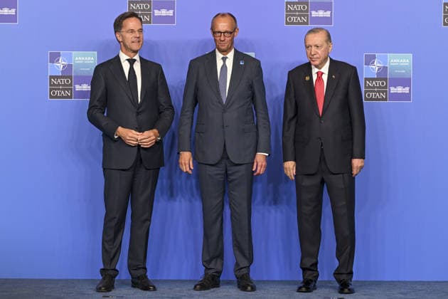 36th NATO Summit in Ankara ANKARA, TURKIYE - JULY 8: Turkish President Recep Tayyip Erdogan (R) and NATO Secretary General Mark Rutte (L) welcome German Chancellor Friedrich Merz ahead of the North Atlantic Council meeting, held as part of the 36th NATO Summit of Heads of State and Government in Ankara, Turkiye, on July 8, 2026. Binnur Ege Gurun Kocak Anadolu Ankara Turkey. Editorial use only. Please get in touch for any other usage.  Copyright: x2026xAnadoluxBinnurxEgexGurunxKocakx