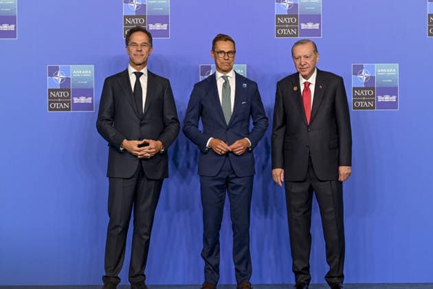36th NATO Summit in Ankara ANKARA, TURKIYE - JULY 8: Turkish President Recep Tayyip Erdogan (R) and NATO Secretary General Mark Rutte (L) welcome Alexander Stubb, President of Finland ahead of the North Atlantic Council meeting, held as part of the 36th NATO Summit of Heads of State and Government in Ankara, Turkiye, on July 8, 2026. Binnur Ege Gurun Kocak Anadolu Ankara Turkey. Editorial use only. Please get in touch for any other usage.  Copyright: x2026xAnadoluxBinnurxEgexGurunxKocakx