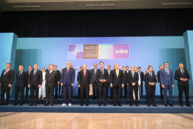 36th NATO Summit in Ankara ANKARA, TURKIYE - JULY 08: Turkish President Recep Tayyip Erdogan, NATO Secretary General Mark Rutte, US President Donald Trump, French President Emmanuel Macron, Czech President Petr Pavel, Latvian President Edgars Rinkevics, Finnish President Alexander Stubb, Romanian President Nicusor Dan, Slovak President Peter Pellegrini, Polish President Karol Nawrocki, Croatian President Zoran Milanovic, Lithuanian President Gitanas Nauseda, Italian Prime Minister Giorgia Meloni, Dutch Prime Minister Rob Jetten, German Chancellor Friedrich Merz, British Prime Minister Keir Starmer, Spanish Prime Minister Pedro Sanchez, Danish Prime Minister Mette Frederiksen, Greek Prime Minister Kyriakos Mitsotakis, Portuguese Prime Minist  Copyright: x2026xAnadoluxMehmetxAlixOzcanx