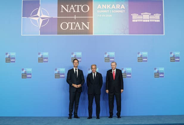 36th NATO Summit in Ankara ANKARA, TURKIYE - JULY 8: (----EDITORIAL USE ONLY MANDATORY CREDIT - TURKISH PRESIDENCY MURAT KULA HANDOUT - NO MARKETING NO ADVERTISING CAMPAIGNS - DISTRIBUTED AS A SERVICE TO CLIENTS----) Turkish President Recep Tayyip Erdogan and NATO Secretary General Mark Rutte welcome Canadian Prime Minister Mark Carney ahead of the North Atlantic Council meeting, held as part of the 36th NATO Summit of Heads of State and Government in Ankara, Turkiye, on July 8, 2026. TUR Presidency Murat Kula Anadolu Ankara Turkey. Editorial use only. Please get in touch for any other usage.  Copyright: x2026xAnadoluxTURxPresidencyx xMuratxKulax