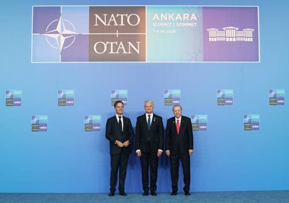 36th NATO Summit in Ankara ANKARA, TURKIYE - JULY 8: (----EDITORIAL USE ONLY MANDATORY CREDIT - TURKISH PRESIDENCY MURAT KULA HANDOUT - NO MARKETING NO ADVERTISING CAMPAIGNS - DISTRIBUTED AS A SERVICE TO CLIENTS----) Turkish President Recep Tayyip Erdogan and NATO Secretary General Mark Rutte welcome Lithuanian President Gitanas Nauseda ahead of the North Atlantic Council meeting, held as part of the 36th NATO Summit of Heads of State and Government in Ankara, Turkiye, on July 8, 2026. TUR Presidency Murat Kula Anadolu Ankara Turkey. Editorial use only. Please get in touch for any other usage.  Copyright: x2026xAnadoluxTURxPresidencyx xMuratxKulax