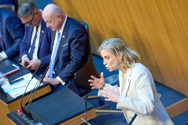 - Wien 08.07.2026 - Nationalrat SItzung Parlament - Der Nationalrat trat heute im Hohen Haus zu einer regluären Nationalratssitzung zusammen. Haupthema war das Doppelbudget . PHOTO: Aussenministerin Beate Meinl-Reisinger (NEOS) am Rednerpult, Vizekanzler Andreas Babler (L SPÖ), Bundeskanzler Christian Stocker (M ÖVP) auf der Regierungsbank. Nationalratspräsident Walter Rosenkranz (FPÖ). Vienna (AUSTRIA) - Austrian Parliament National Council session - The National Council met today in the House for a regular session. The main topic was the dual budget. Budget, Finanzen, Staatsfinanzen, Geld, Steuern, Ausgaben, Einnahmen, Regierung, echtes Dopelbudet 2027 28 , 2028, Schulden, Nationalratssitzung, Nationalrat SItzung *** Vienna, 