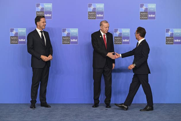 36th NATO Summit in Ankara ANKARA, TURKIYE - JULY 8: Turkish President Recep Tayyip Erdogan and NATO Secretary General Mark Rutte welcome Swedish Prime Minister Ulf Kristersson ahead of the North Atlantic Council meeting, held as part of the 36th NATO Summit of Heads of State and Government in Ankara, Turkiye, on July 8, 2026. Binnur Ege Gurun Kocak Anadolu Ankara Turkey. Editorial use only. Please get in touch for any other usage.  Copyright: x2026xAnadoluxBinnurxEgexGurunxKocakx