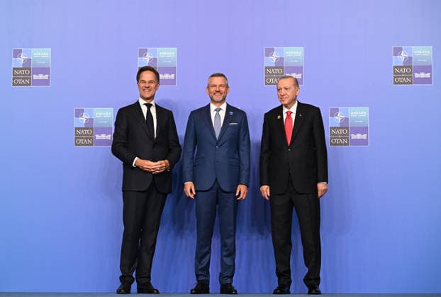 36th NATO Summit in Ankara ANKARA, TURKIYE - JULY 08: Turkish President Recep Tayyip Erdogan (R) and NATO Secretary General Mark Rutte (L) welcome Slovak President Peter Pellegrini (C) prior to the North Atlantic Council meeting held as part of the 36th NATO Heads of State and Government Summit at the Presidential Complex in Ankara, Turkiye on July 08, 2026. Mehmet Ali Ozcan Anadolu Ankara Turkey. Editorial use only. Please get in touch for any other usage.  Copyright: x2026xAnadoluxMehmetxAlixOzcanx