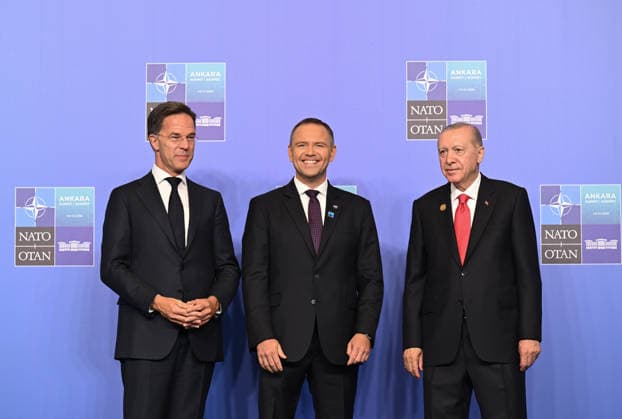 36th NATO Summit in Ankara ANKARA, TURKIYE - JULY 08: Turkish President Recep Tayyip Erdogan (R) and NATO Secretary General Mark Rutte (L) welcome Polish President Karol Nawrocki (C) prior to the North Atlantic Council meeting held as part of the 36th NATO Heads of State and Government Summit at the Presidential Complex in Ankara, Turkiye on July 08, 2026. Mehmet Ali Ozcan Anadolu Ankara Turkey. Editorial use only. Please get in touch for any other usage.  Copyright: x2026xAnadoluxMehmetxAlixOzcanx