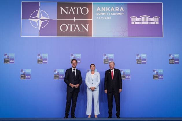 36th NATO Summit in Ankara ANKARA, TURKIYE - JULY 8: Turkish President Recep Tayyip Erdogan and NATO Secretary General Mark Rutte welcome Danish Prime Minister Mette Frederiksen ahead of the North Atlantic Council meeting, held as part of the 36th NATO Summit of Heads of State and Government in Ankara, Turkiye, on July 8, 2026. Ahmet Serdar Eser Anadolu Ankara Turkey. Editorial use only. Please get in touch for any other usage.  Copyright: x2026xAnadoluxAhmetxSerdarxEserx