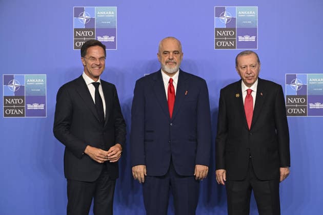 36th NATO Summit in Ankara ANKARA, TURKIYE - JULY 8: Turkish President Recep Tayyip Erdogan (R) and NATO Secretary General Mark Rutte (L) welcome Albanian Prime Minister Edi Rama ahead of the North Atlantic Council meeting, held as part of the 36th NATO Summit of Heads of State and Government in Ankara, Turkiye, on July 8, 2026. Binnur Ege Gurun Kocak Anadolu Ankara Turkey. Editorial use only. Please get in touch for any other usage.  Copyright: x2026xAnadoluxBinnurxEgexGurunxKocakx