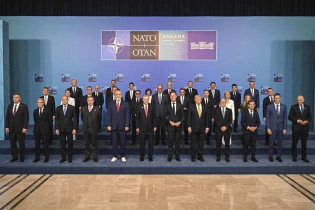 36th NATO Summit in Ankara ANKARA, TURKIYE - JULY 8: Turkish President Recep Tayyip Erdogan, NATO Secretary General Mark Rutte, U.S. President Donald Trump, French President Emmanuel Macron, Czech President Petr Pavel, Latvian President Edgars Rinkevics, Finnish President Alexander Stubb, Romanian President Nicusor Dan, Slovak President Peter Pellegrini, Polish President Karol Nawrocki, Croatian President Zoran Milanovic, Lithuanian President Gitanas Nauseda, Dutch Prime Minister Rob Jetten, German Chancellor Friedrich Merz, British Prime Minister Keir Starmer, Spanish Prime Minister Pedro Sanchez, Danish Prime Minister Mette Frederiksen, Greek Prime Minister Kyriakos Mitsotakis, Portuguese Prime Minister Luis Montenegro, Luxembourg Prime M  Copyright: x2026xAnadoluxBinnurxEgexGurunxKocakx