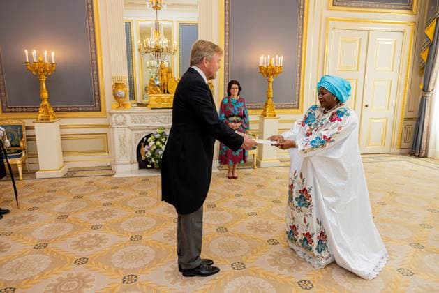Den Haag, The Netherlands, 2026-07-08 11:04:45 THE HAGUE, 08-07-2026, Noordeinde Palace. King Willem Alexander receives Her Excellency Aicha Nanette ContÃ , the Ambassador of the Republic of Guinea, on the presentation of their credentials, at Noordeinde Palace in The Hague. PHOTO: NLBeeld POOL Wesley de Wit Credit: NL Beeld Patrick van Emst  Copyright: xx x