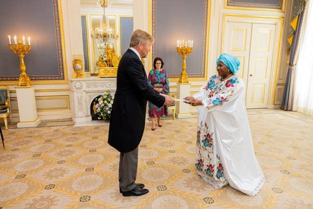 Den Haag, The Netherlands, 2026-07-08 11:04:45 THE HAGUE, 08-07-2026, Noordeinde Palace. King Willem Alexander receives Her Excellency Aicha Nanette ContÃ , the Ambassador of the Republic of Guinea, on the presentation of their credentials, at Noordeinde Palace in The Hague. PHOTO: NLBeeld POOL Wesley de Wit Credit: NL Beeld Patrick van Emst  Copyright: xx x