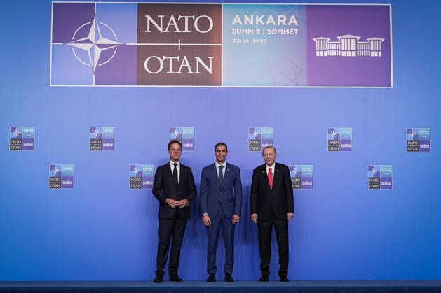 36th NATO Summit in Ankara ANKARA, TURKIYE - JULY 8: Turkish President Recep Tayyip Erdogan (R) and NATO Secretary General Mark Rutte (L) welcome Spanish Prime Minister Pedro Sanchez (C) ahead of the North Atlantic Council meeting held as part of the 36th NATO Heads of State and Government Summit at the Presidential Complex in Ankara, Turkiye, on July 8, 2026. Ahmet Serdar Eser Anadolu Ankara Turkey. Editorial use only. Please get in touch for any other usage.  Copyright: x2026xAnadoluxAhmetxSerdarxEserx