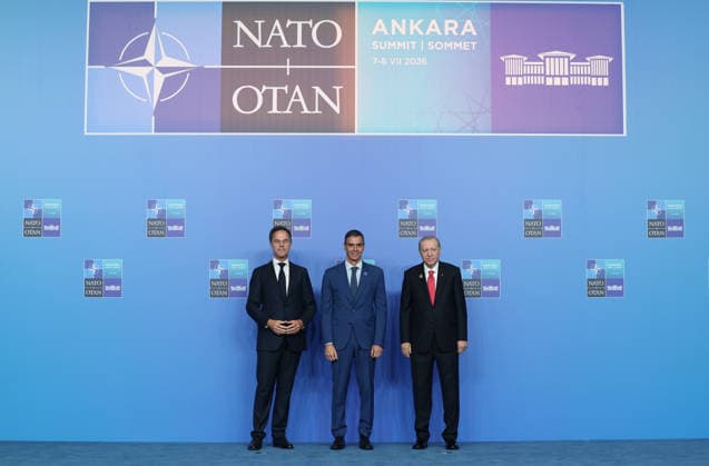 36th NATO Summit in Ankara ANKARA, TURKIYE - JULY 8: (----EDITORIAL USE ONLY MANDATORY CREDIT - TURKISH PRESIDENCY MURAT KULA HANDOUT - NO MARKETING NO ADVERTISING CAMPAIGNS - DISTRIBUTED AS A SERVICE TO CLIENTS----) Turkish President Recep Tayyip Erdogan and NATO Secretary General Mark Rutte welcome Spanish Prime Minister Pedro Sanchez ahead of the North Atlantic Council meeting, held as part of the 36th NATO Summit of Heads of State and Government in Ankara, Turkiye, on July 8, 2026. TUR Presidency Murat Kula Anadolu Ankara Turkey. Editorial use only. Please get in touch for any other usage.  Copyright: x2026xAnadoluxTURxPresidency xMuratxKulax