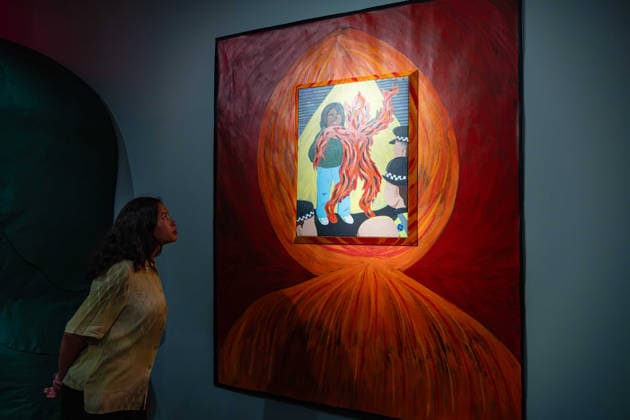Rudy Loewe: Intimacies of Care at Wellcome Collection, London, UK 8 July 2026 Rage, 2025, at the preview of Rudy Loewe: Intimacies of Care Spaces of Grief and Possibility at the Wellcome Collection, London, UK, on 8 July 2026. The painting depicts a Black person represented through flames, encircled by police officers, on view from 10 July 2026 until 7 February 2027., Credit:Pete Speller Avalon  Copyright: xPetexSpellerx xAvalonx 1115223067